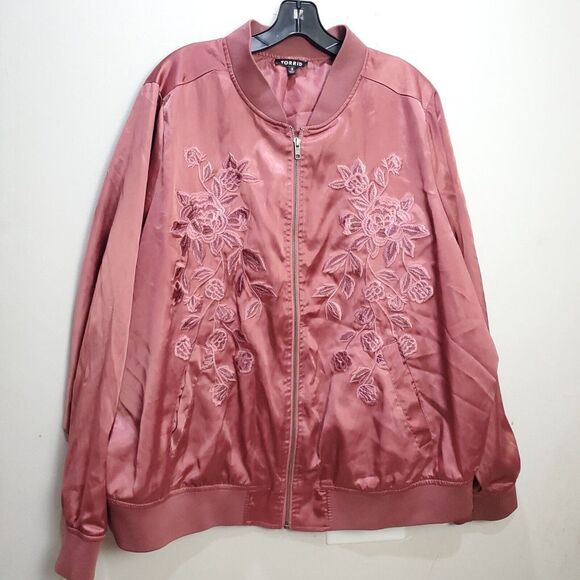torrid Other - Torrid Womens Jacket Size 3 Pink Satin Bomber Floral Embroidered Full Zip Casual